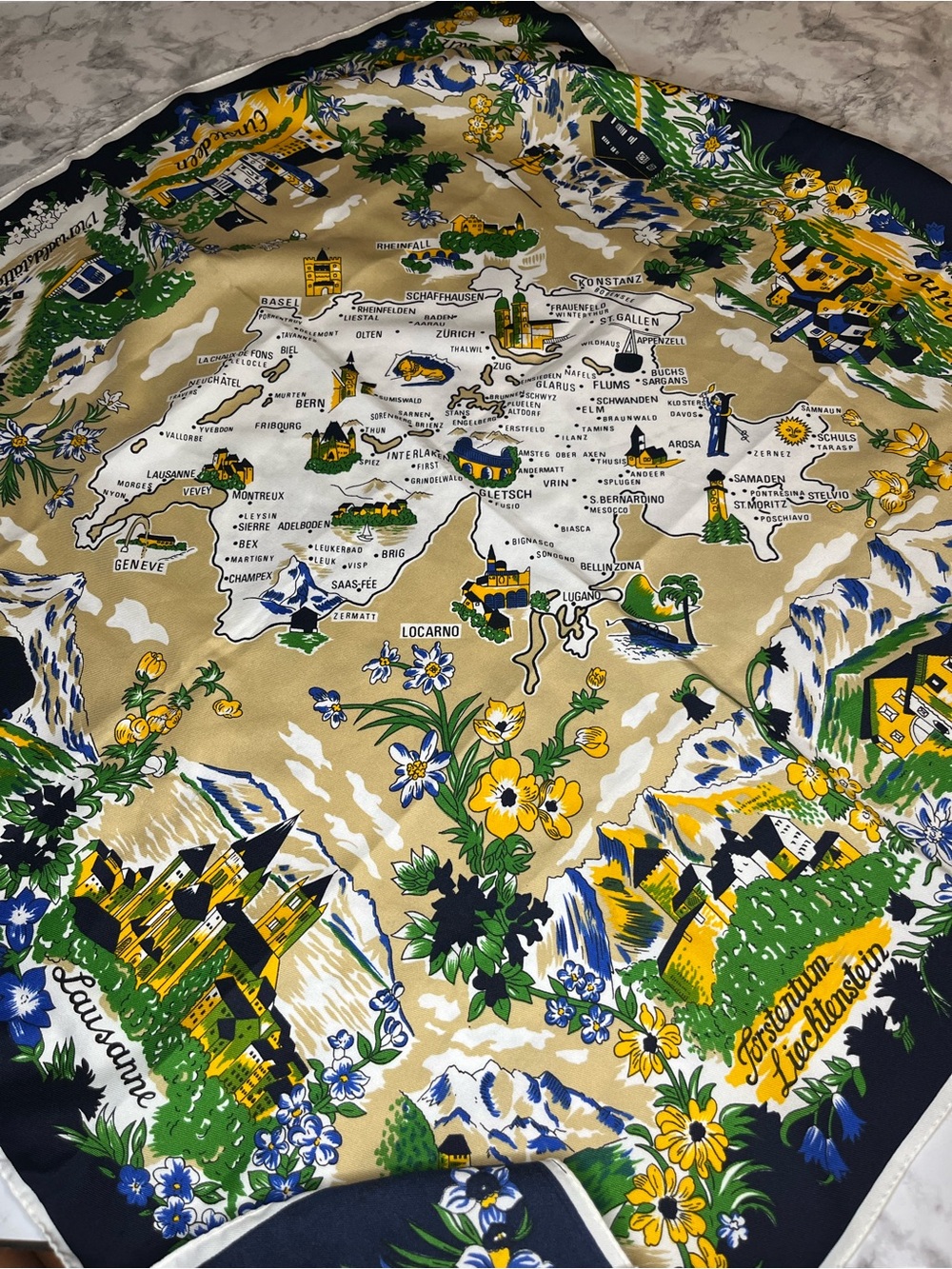 Vintage Map Print Silk Scarf in Navy, Yellow & Green